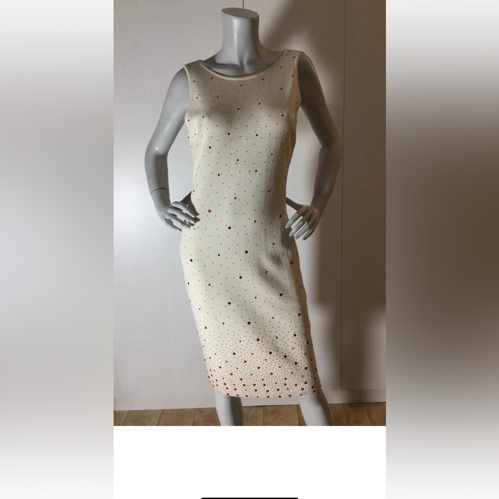 St. John Cream and Red Evening Midi Knit Dress Size 6